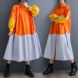 9200 Spring Summer Korean Style Fashion Patchwork Dresses For Women Loose Casual Lantern Sleeved Lapel Big Swing Female Skirts