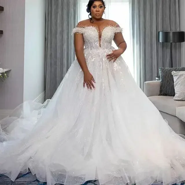 Customized Luxury Sexy Wedding Dresses  Bride Sheer Neck Lace Up Back Beading Sequins Pearls Plus Size Women Africa Bridal Gowns