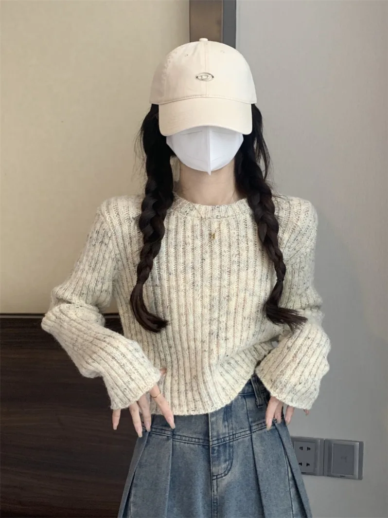 Karamell-Strickpullover für Damen, Herbst und Winter, SLE-Innenbekleidung, lockere Passform, Baumwolle, rund, Ne Long Sve Color