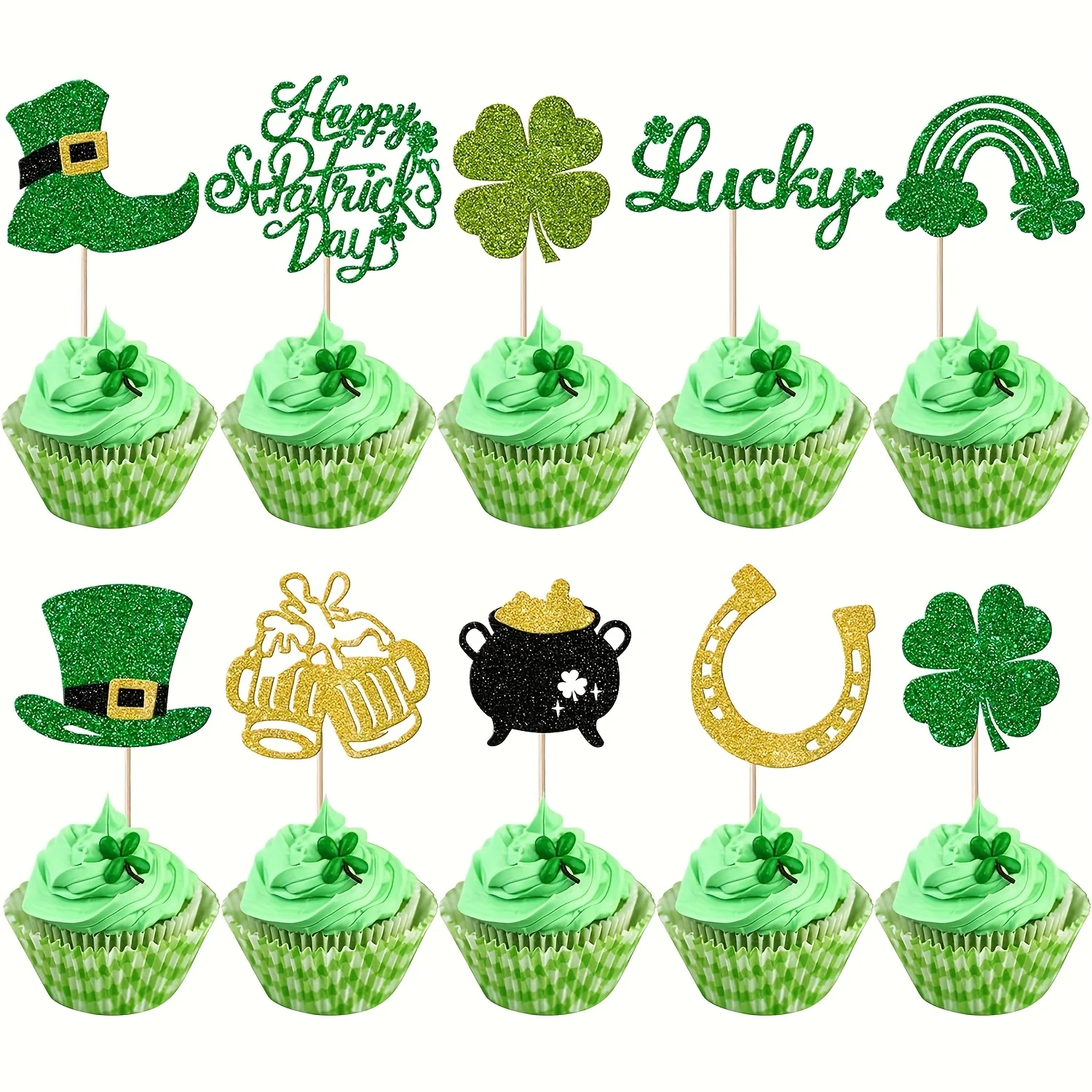 10 Stück Happy St. Patrick's Day Cupcake-Topper, vierblättriges Kleeblatt, Cupcake-Picks, Partyzubehör, festliche Kuchendekoration