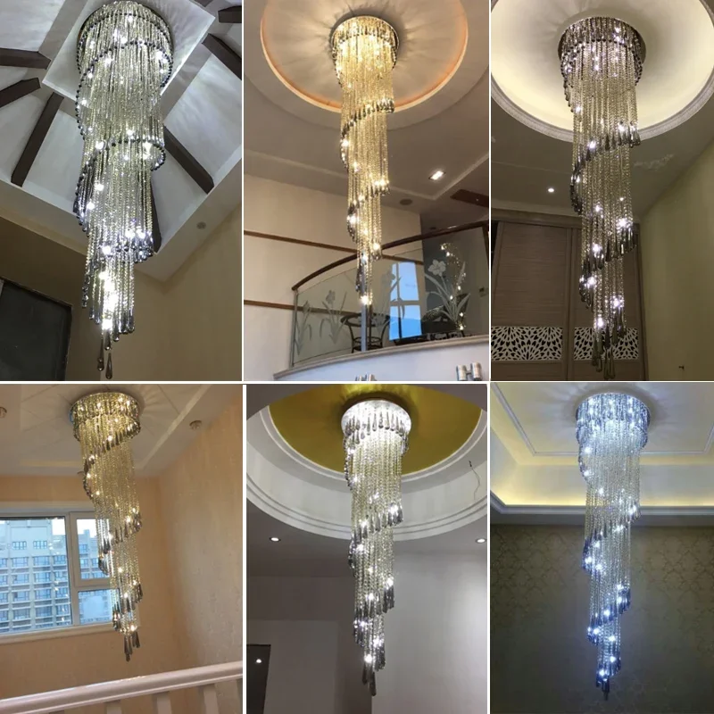 Lustre moderno iluminação escada fumaça cinza lâmpada de cristal design espiral decoração para casa luminárias