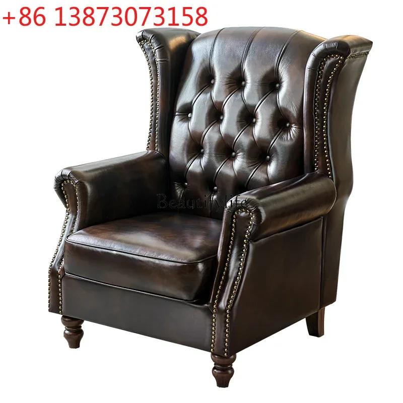 American tiger chair single sofa chair leather first layer cowhide retro brown