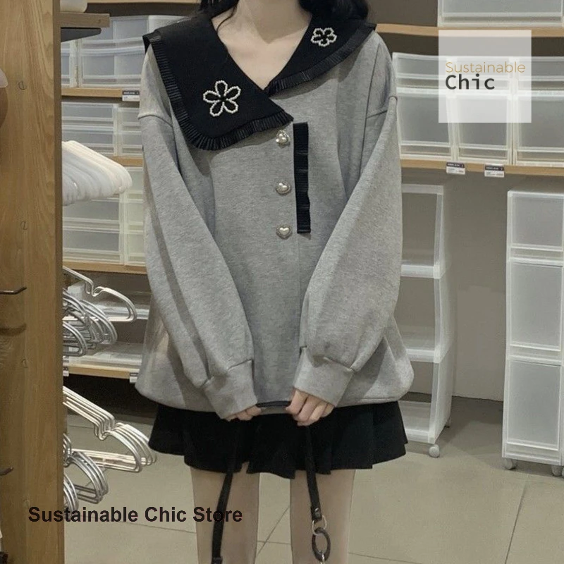 French style gray fashion plus size sweater women's spring and autumn new design sense niche chic doll collar casual Joker top