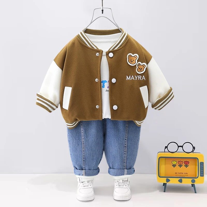 

Spring and Autumn New Baby Cartoon Bear Long Sleeve Set Children's Solid Baseball uniform Three Piece Simple Sportswear