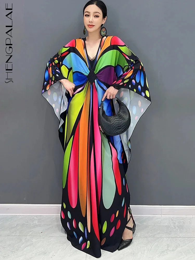 

SHENGPALAE 2024 Summer New Women's Beautiful Dress Printed Bat Sleeves V-Neck Loose Casual Fashion Elegance Female Robe 5C1001