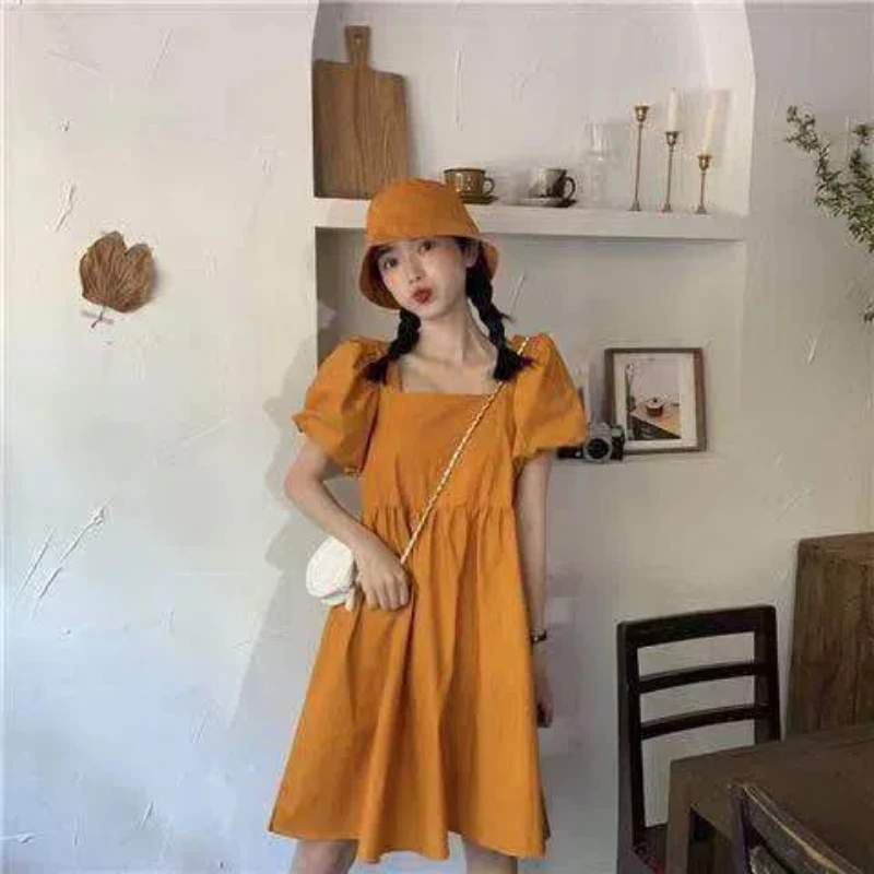 French Vintage Chic Puff Sleeves Mini Dress New Square Collar Loose Doll Off Shoulder Dresses Trendy Korea Sweet Women Clothing