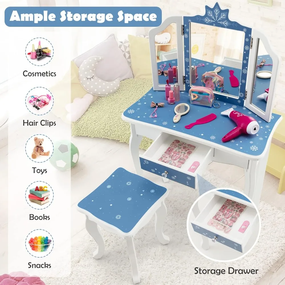 Snowflake Themed Princess Makeup Vanity Set for Little Girls, Real Glass Tri-Folding Mirror, Bedroom Dressing Table