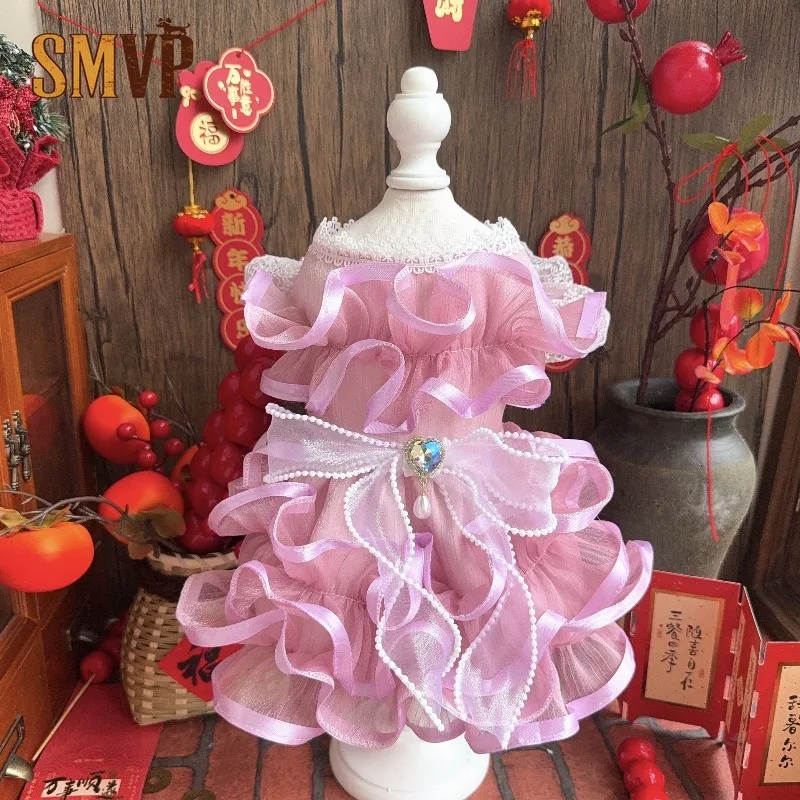 

Original Sweet Pet Lolita Dress Pearl Bow Rhinestone Decor Ruffled Layered Dress Formal Photo Outfit for Small Dogs Clothes