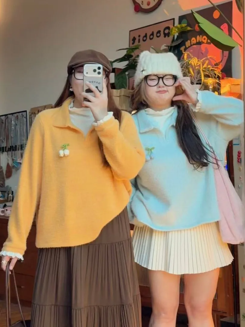 

Мягкий повседневный свитер в корейском стиле с длинными рукавами для женщин больших размеров, свободный крой, стройнящий эффект, весна-осень