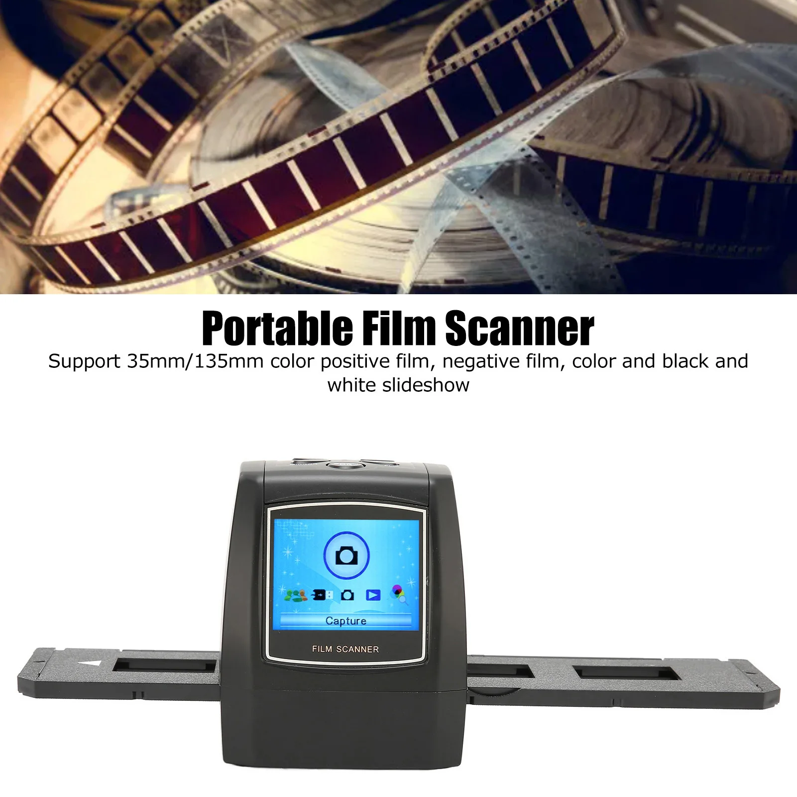 Film Scanner Small Portable Multifunction 2.4in LCD Screen Film Scanner for 35mm 135mm Slide Film Negatives Negative Scanner