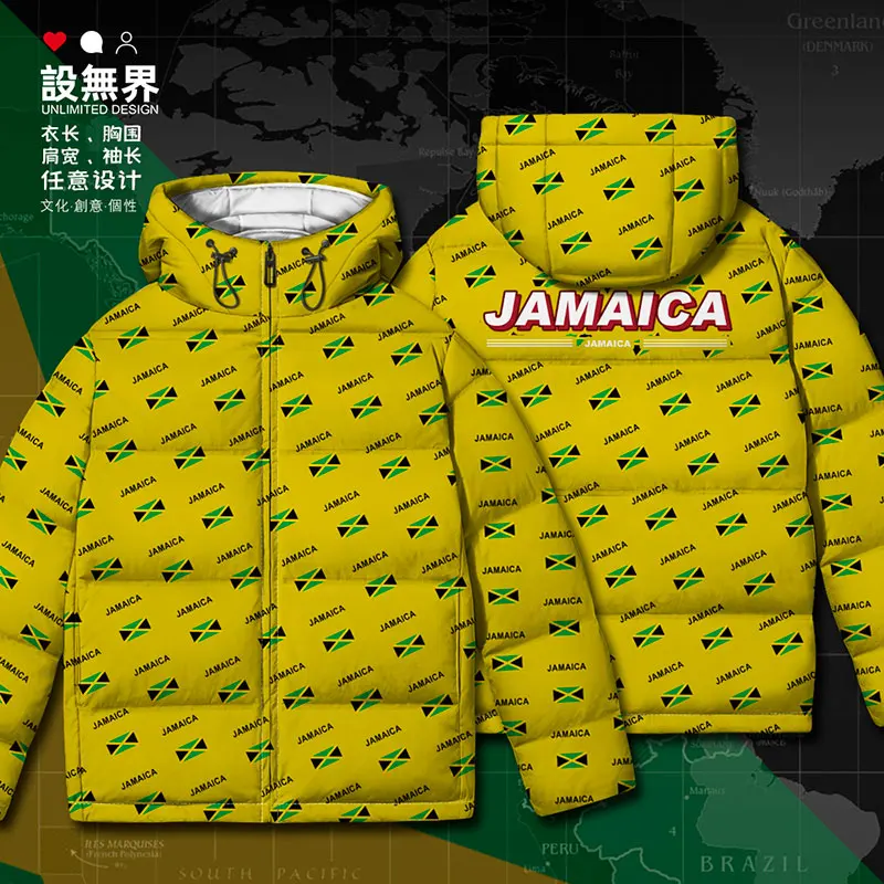 

Jamaica JAM Jamaican country flag White duck down Jackets Warm mens Thick Outdoor Comfortable clothes Hooded down coat Winter