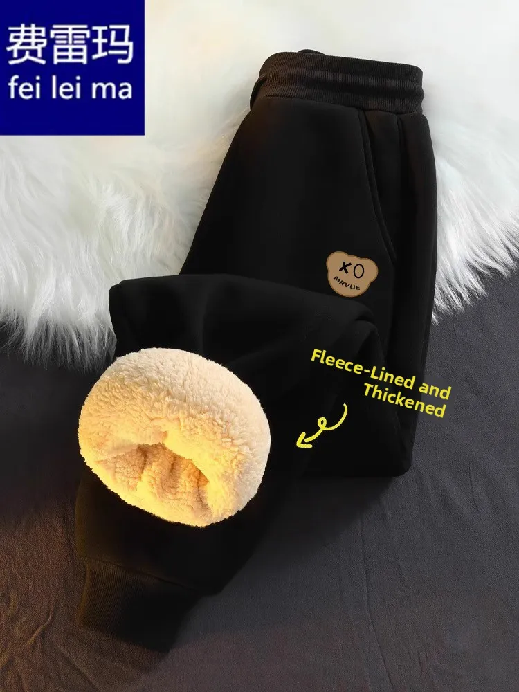 

Bla Lamb Velvet Fce Lined Sports Pants for Middle School Students Elastic Waist Thiened Autumn Winter Sle Long Pants