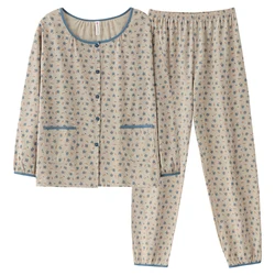 Spring Autumn O-Neck Pyjamas Female Pajamas Sets Elegant Floral Japanese Kimonos For Women Big Yards M-3XL Cotton Yukata