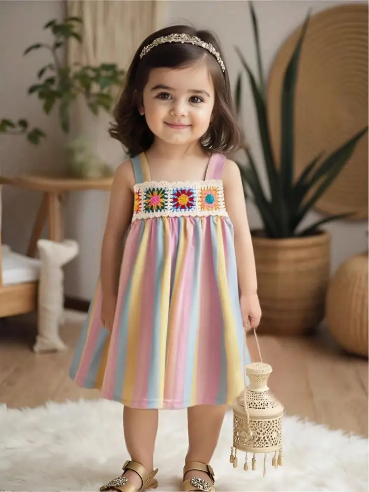 

Baby Girl Casual Dress 2025 Summer Sweet And Cute Rainbow Striped And Flower Printed Pattern Sleeveless Halter Children's Dress