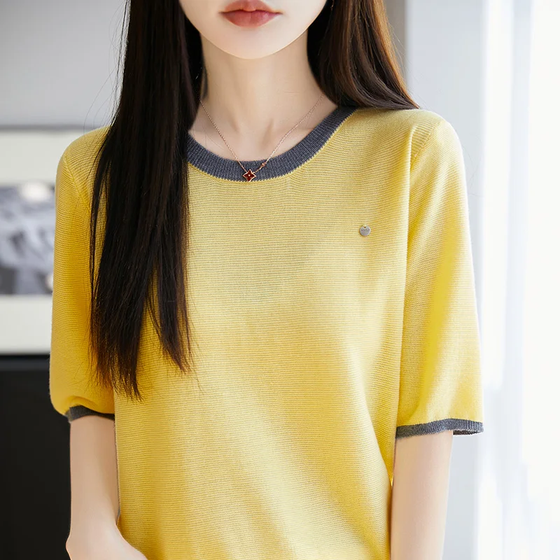 Summer Round Neck Contrast Worsted Wool Knitted Short Sleeve T-Shirt Women's Loose Bottoming Shirt Half Sleeve Top