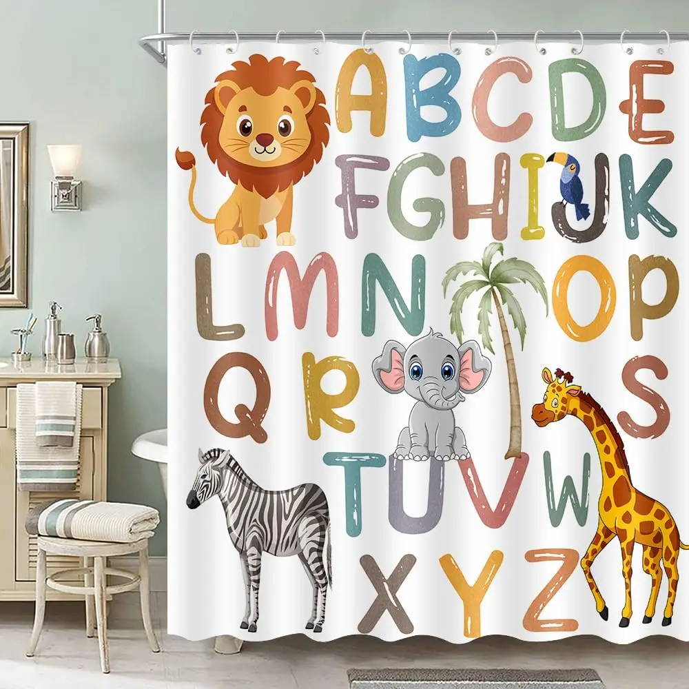 Alphabet Animal Shower Curtain, Cartoon Safari Animals ABC Letters White Background Kids Learning Waterproof Bath Curtain Decor