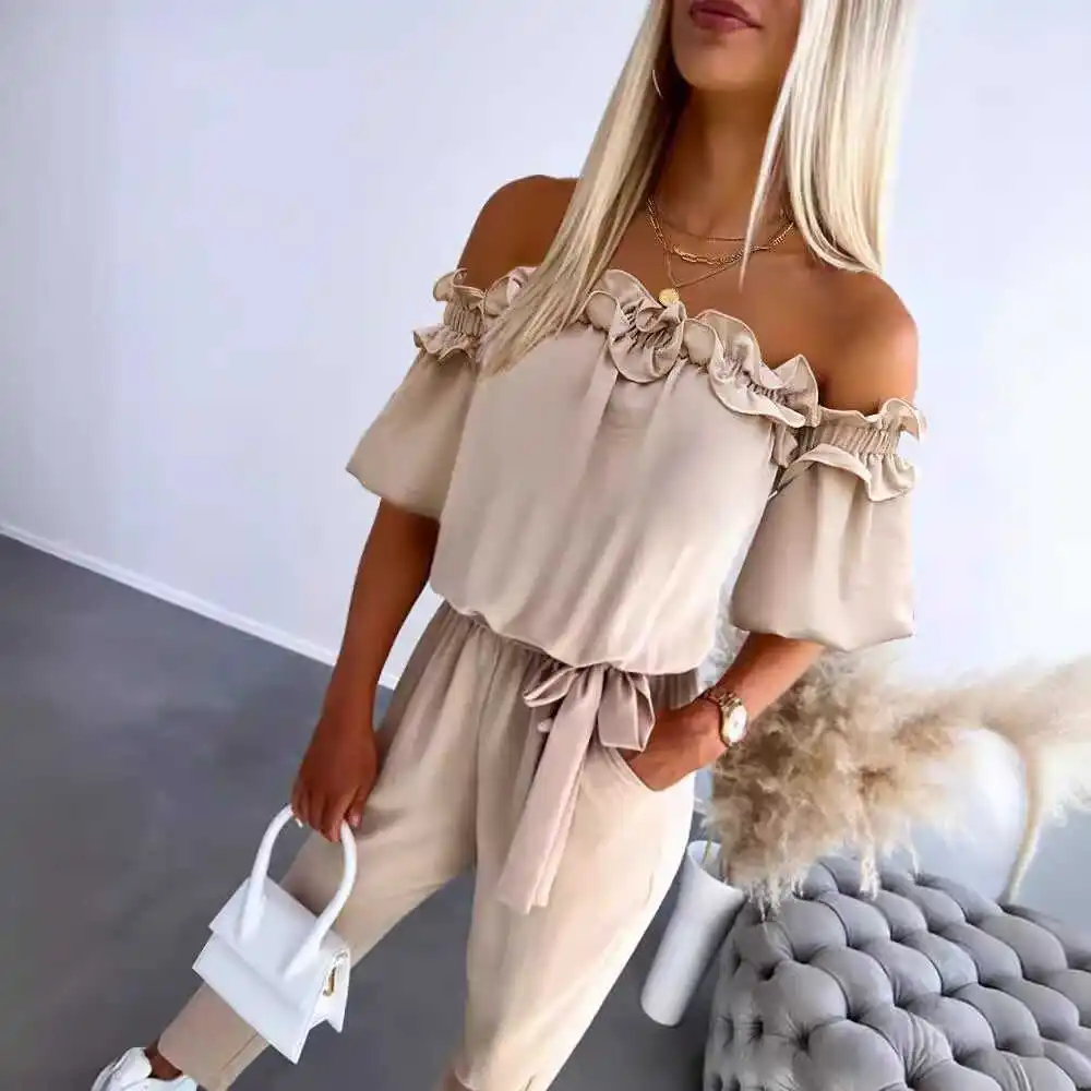 

Faionable One-oulder Color Blo Jumpsuit Pure Color One-Piece Pants Wood ain High Waist Long Pants Summer 2025