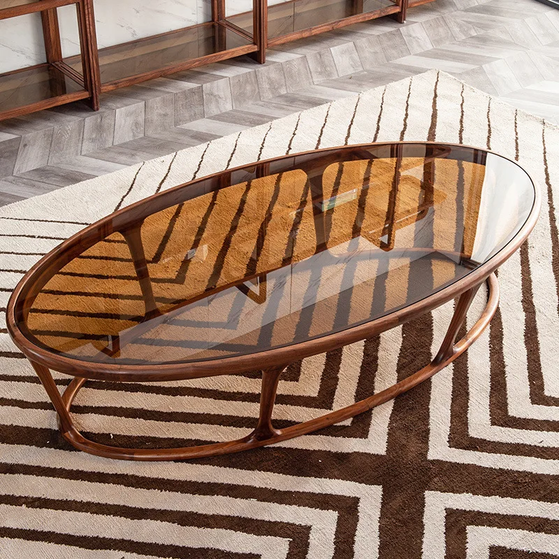 

North American black walnut tempered glass coffee table living room household oval solid wood Nordic Italian tea table furniture