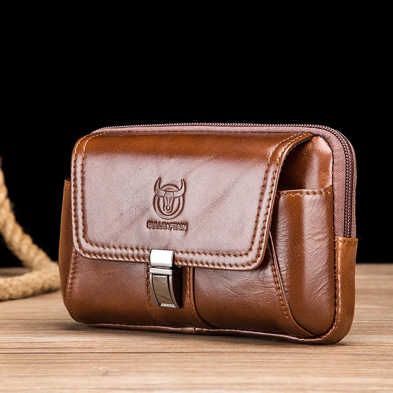Men's Top Layer Cowhide Waist Bag Multifunctional Mobile Phone Pouch Vertical Horizontal Belt Wearable Small EDC Pack