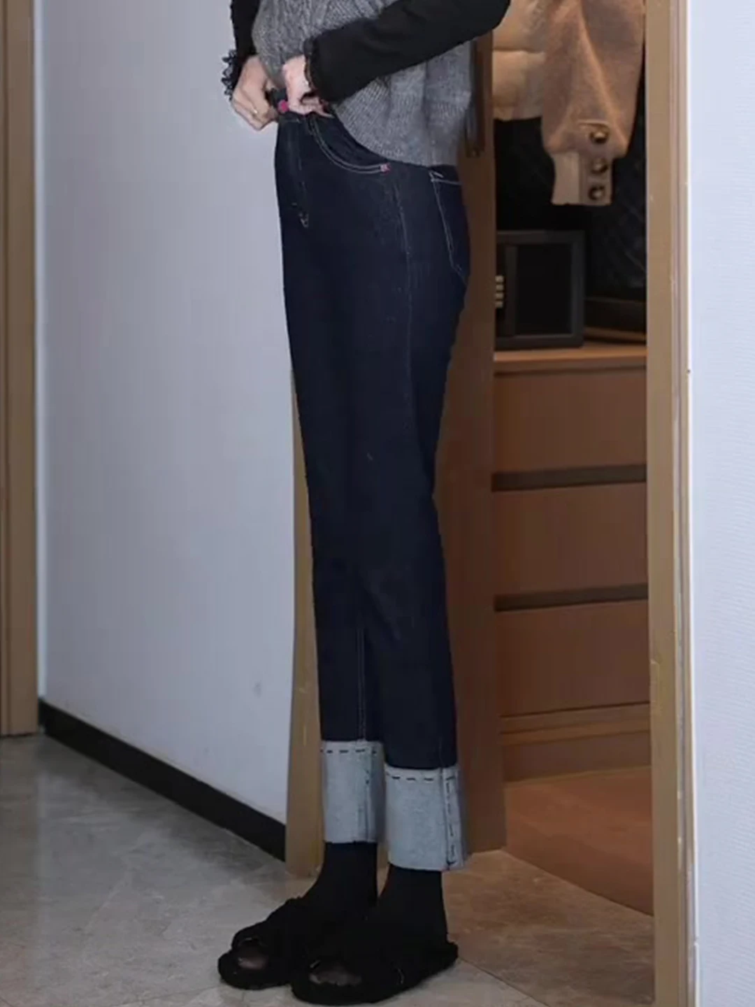 

Slimming High Waist Cuffed Denim Pants Ele Straight Leg Retro Sle Winter Collection Ladies Faion Tapered Jeans