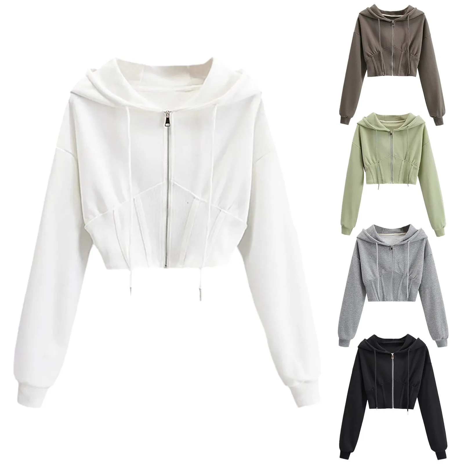 Women's Short Waist Waist Fish Bone Long Sleeve Casual Cardigan Hooded Zipper Hoodie Womens Hoodies Sweater Zip up Dress