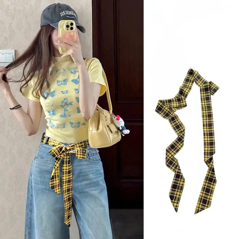 1pc Long Skinny Plaid Waist Belt With Jeans Necktie Scarf Decorative Accessory Personality Trendy Hairband Fashionable Accessory