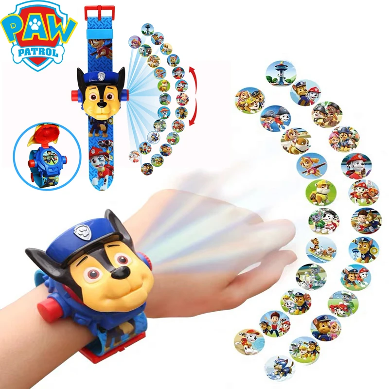 Paw Patrol 3D Projection Watch Chase Marshall Rocky Cartoon Model Action Figures Toys Set Anime Peripherals Children Wristband