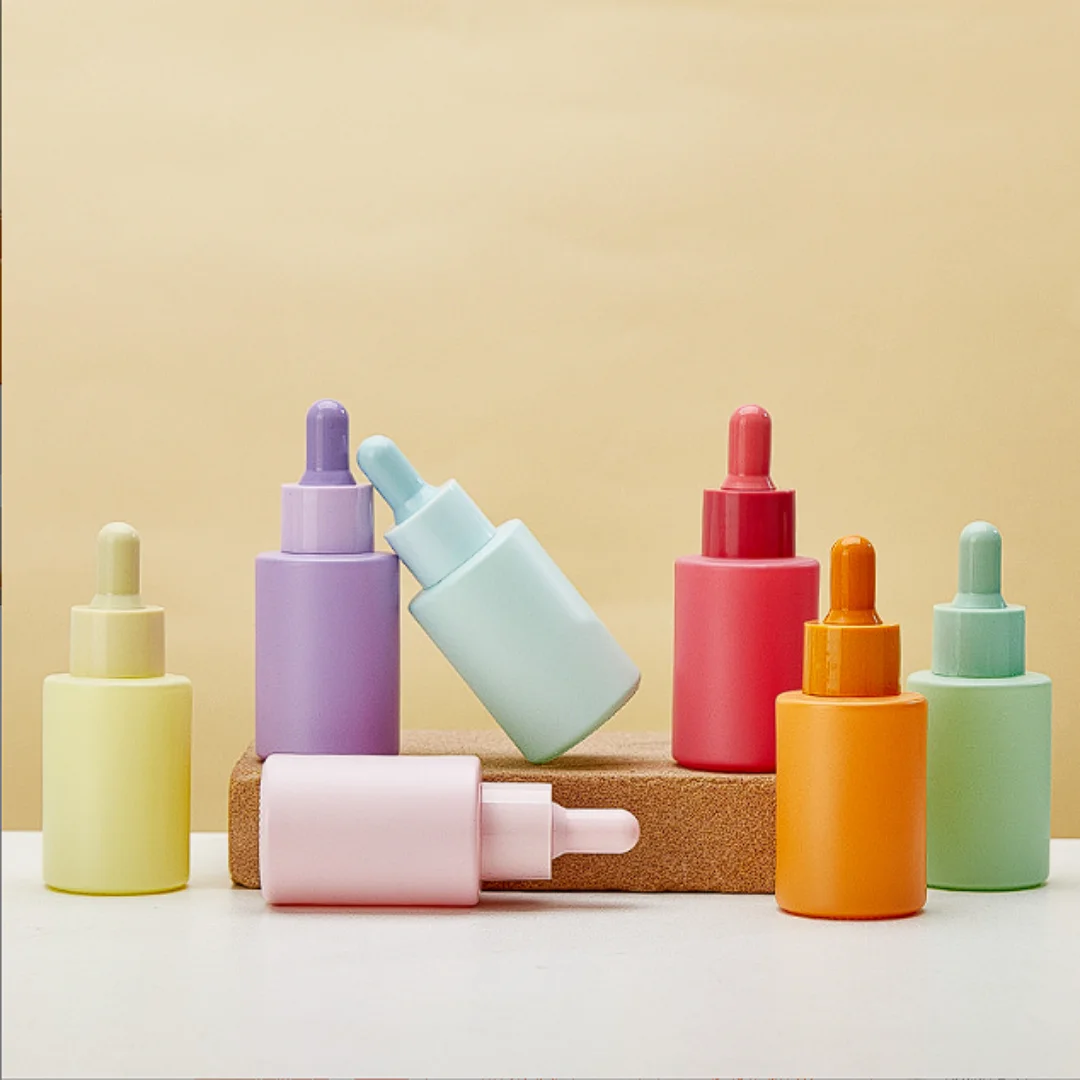 

12 x 30ml Empty Paint Flat Glass Drop Bottles With Glass Piepette Droppers Containers Green Pink Blue Purple Red