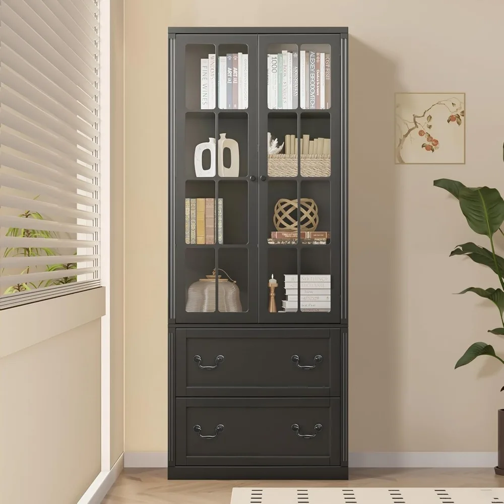 Estante alta elegante de 4 prateleiras com portas de vidro e gavetas de armazenamento para organização de grande capacidade