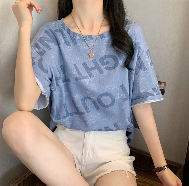 

Summer New Korean Letter Printing Blue Green Short-Sleeved T-Shirt Female Ins Harajuku Casual Cute Loose Top NS5022