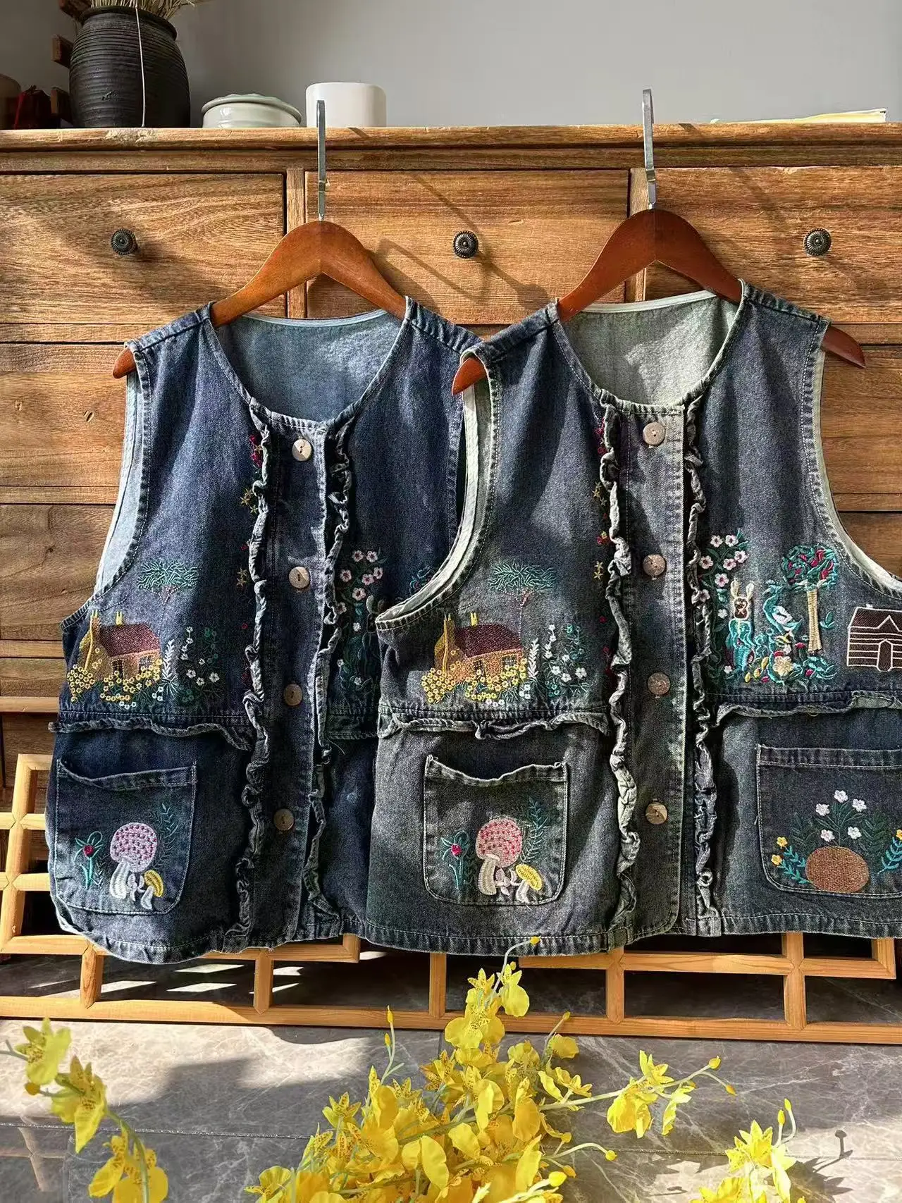

2025 Mori kei clothing Japan style original denim vests for women summer kawaii cartoon embroidery sleeveless denim jacket