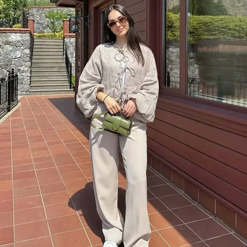 Crop Bow Lace-Up Bluse Damen Shirt Sommer O-Ausschnitt Langarm Lose Shirt Elegante Mode All-Match Damen Blusen