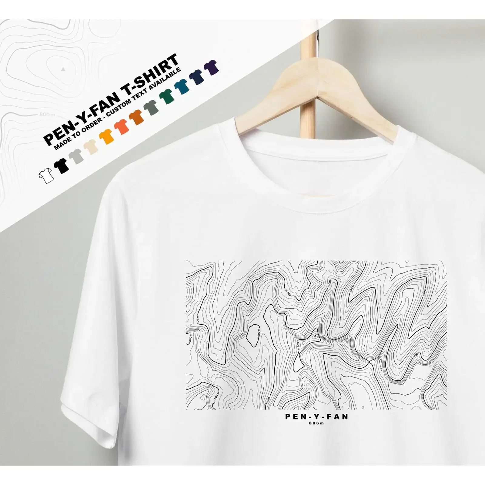 Pen y Fan Contour Map T Shirt Brecon Beacons Wales Hiking Multi Colors Available Custom Text Option vintage Washed streetwear