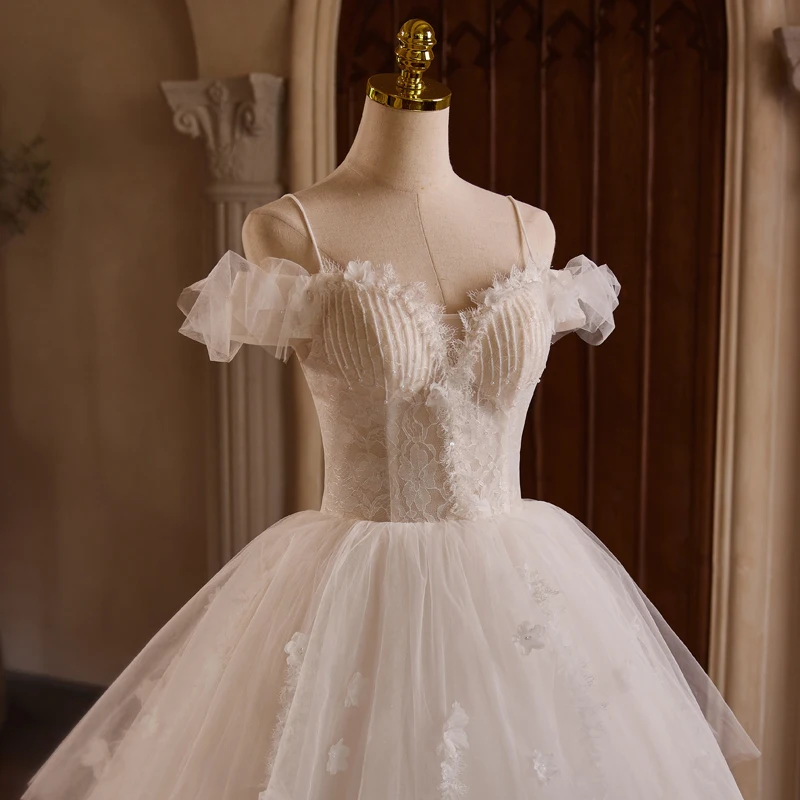 AnXin SH Vintage Prinzessin weiße Blume Spitze Spaghettiträger Rüschen Party Schnürung Ballkleid Braut maßgeschneidertes Abendkleid