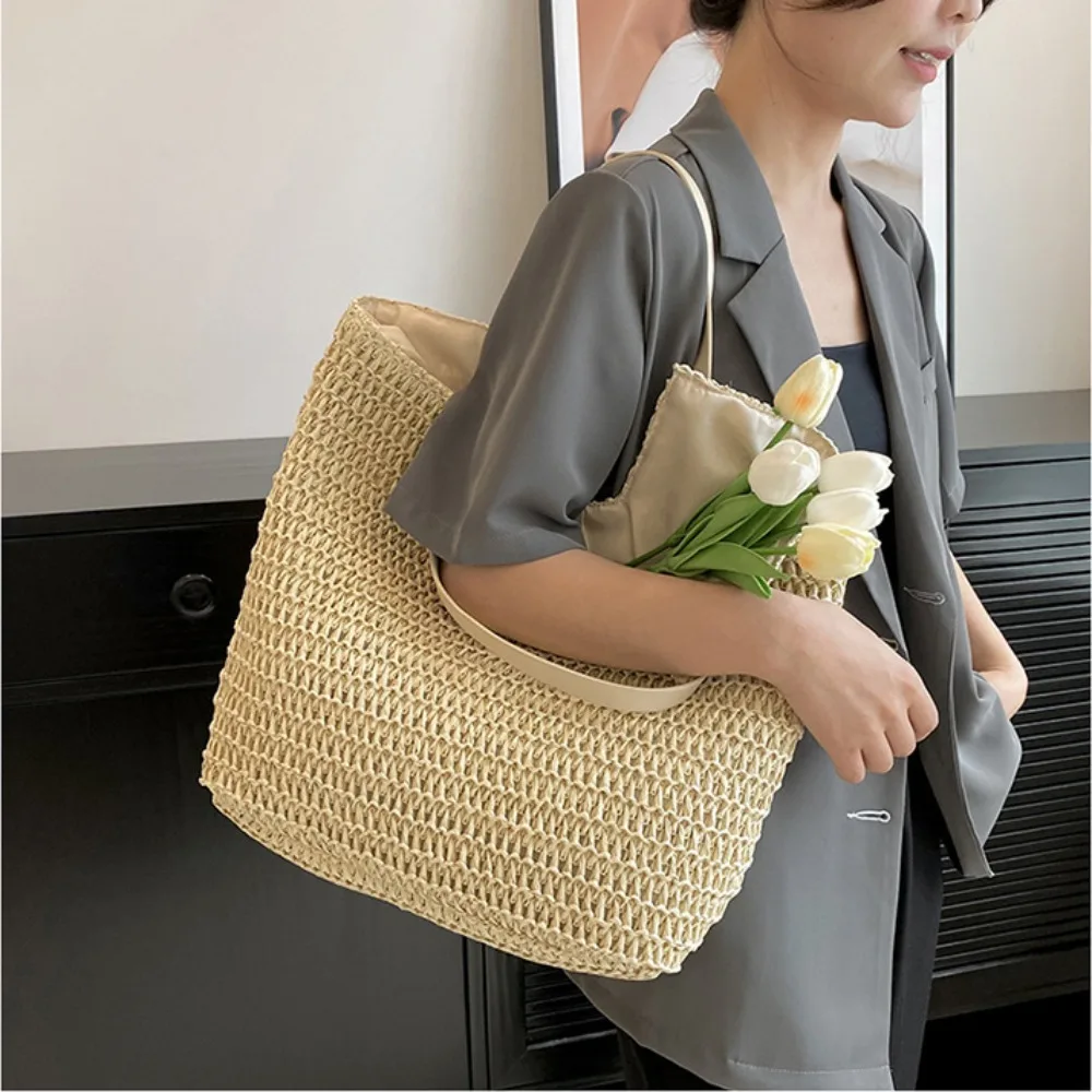 

Fashion Large Capacity Beach Straw Bag Commute Simple Woven Tote Bag Summer Magnetic Buckle Laptop Bag Unisex