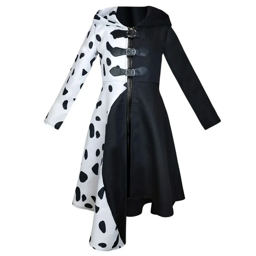 Witch Cruella De Vil Costume Cosplay Gown Black White Maid Dress Gloves Women Halloween Carnival Party Fancy Dress Roleplay