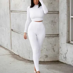 Women Spring Autumn Casual Two Piece Set Hooded Crop Tops Sporty Leggings Matching Stretchy Soft Skinny Fitness Slim Streetwear