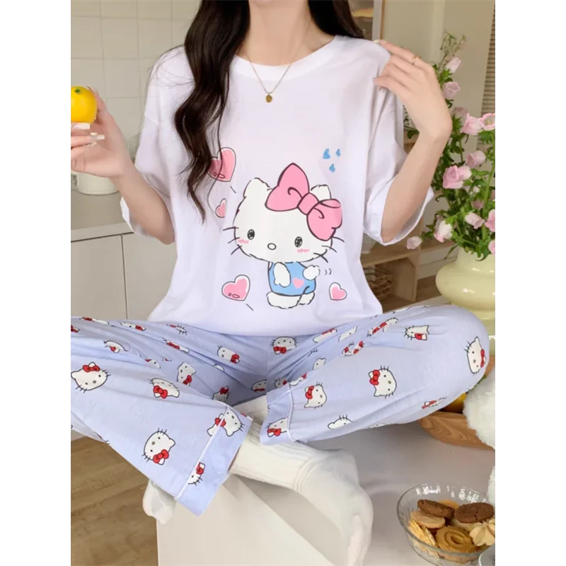 Sanrio New Hello Kitty Silk Pajamas Women's Cute Cartoon Casual and Comfortable Cool Breathable Lightweight Home Women's Pajamas