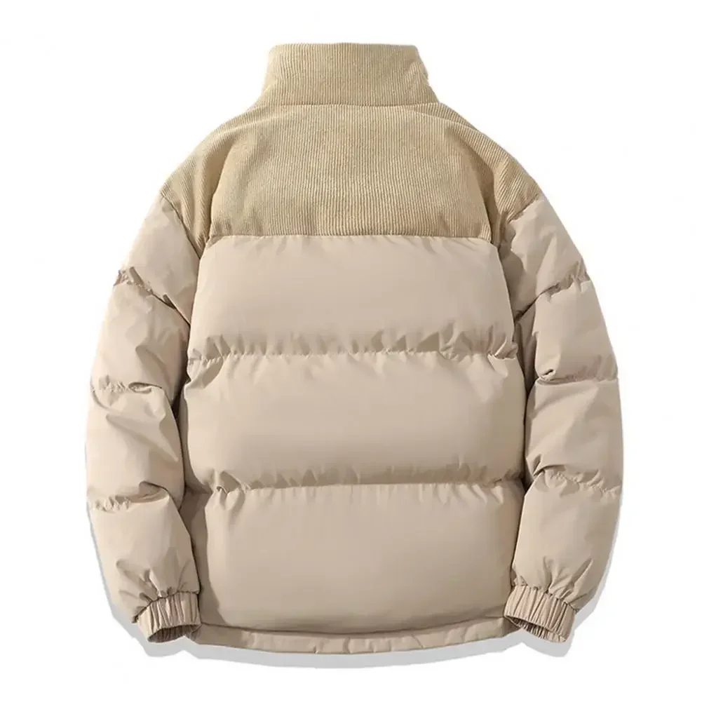 

Cotton Jacket Men's Corduroy Cotton Coat with Stand Collar Patchwork Design Pockets Thickened Warm Outwear for Winter Women Cozy