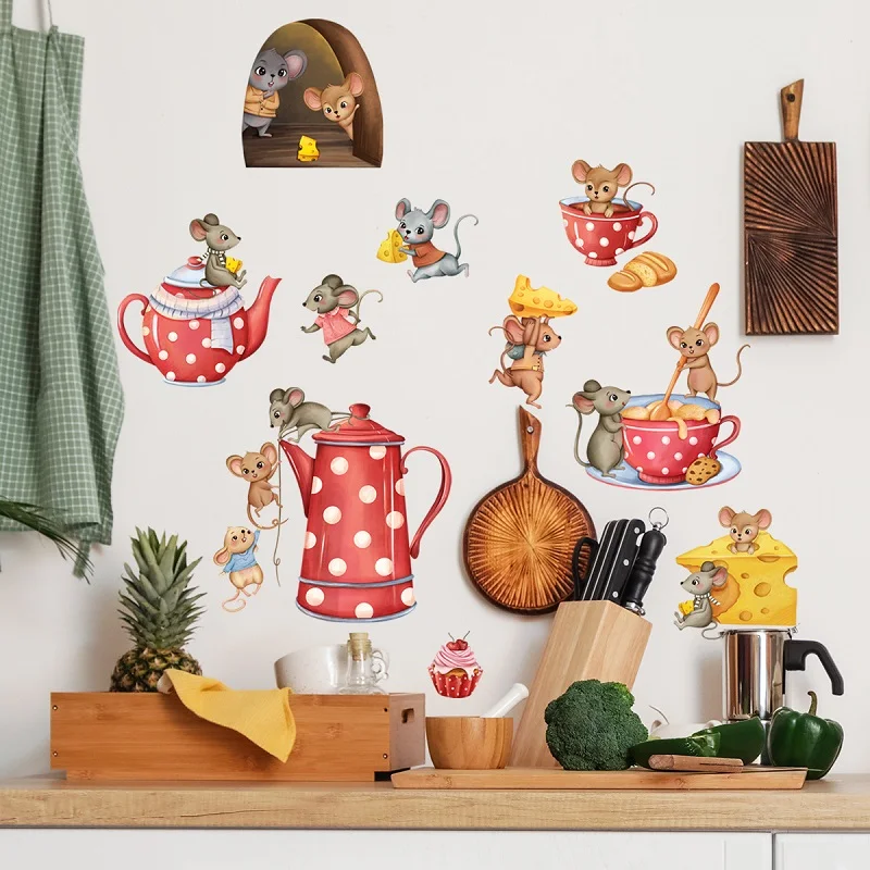 Creative Mouse Dessert Teapot Wall Sticker,Kitchen Layout Self-adhesive Mouse Wall Sticker