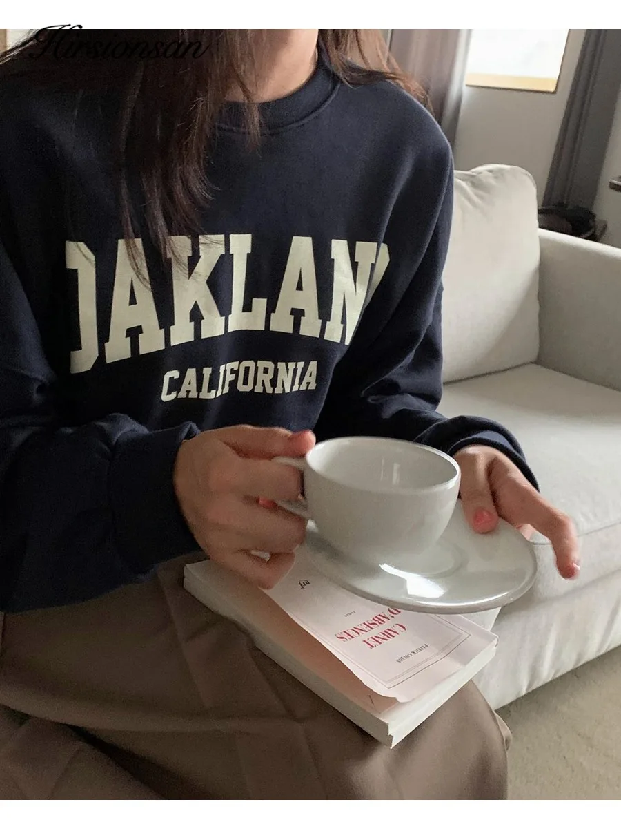 

Hirsionsan O-Neck Fleece "OAKLAND" Letter Ins Sweatshirt Women 2025 Fall New Arrival