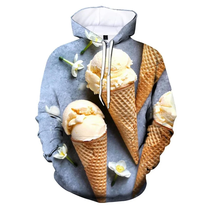 3D Printed Ice Cream Hoodie For Men Dessert Pattern Pullovers Fashion Casual Long Sleeves Hoodies Streetwear Tops Sweatshirts