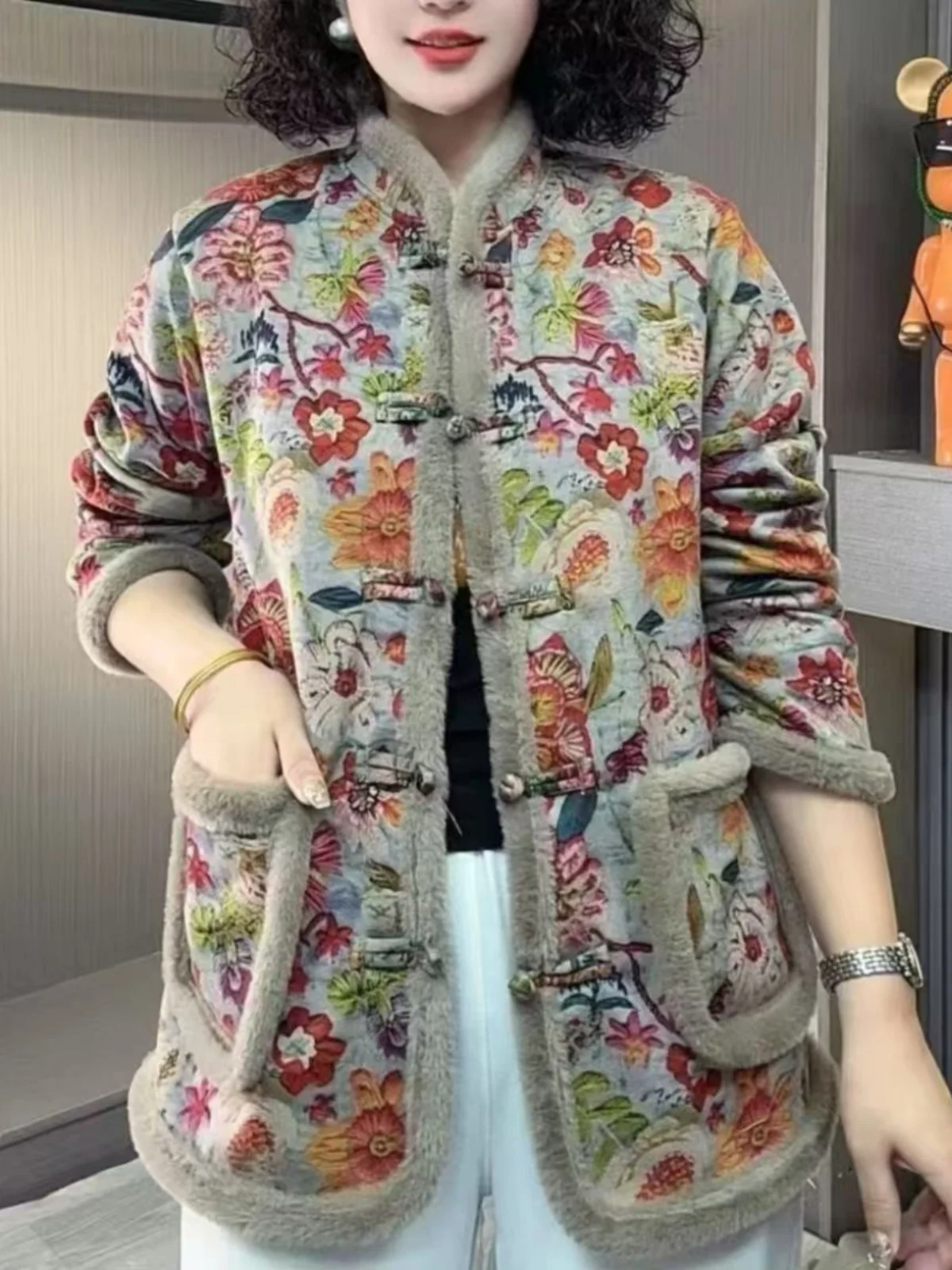 Warm Fce Lined Cotton Jaet Vintage Button Printed Oversize Women's Outerwear Winter Commute Sle Loose Fit Long Sve