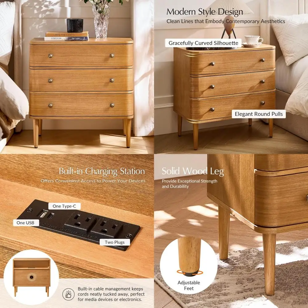 منضدة خشبية معاصرة ذات 3 أدراج مع محطة شحن وأقدام قابلة للتعديل