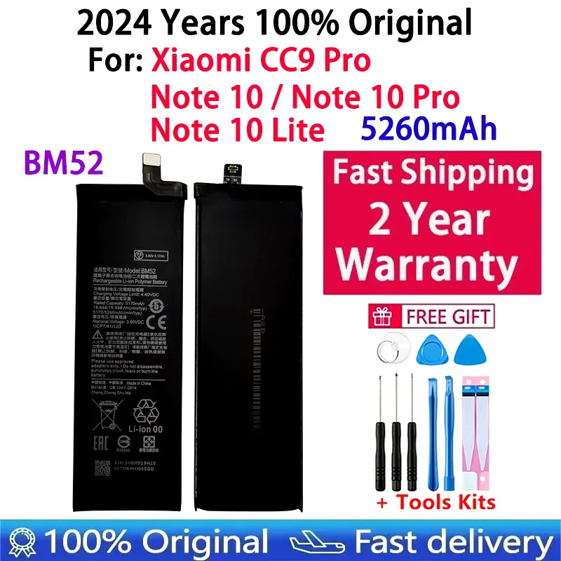 

2024 Years New Original Battery BM52 For Xiaomi Mi Note 10 Lite /Mi Note 10 Pro / CC9pro CC9 Pro 5260mAh Batteries Fast Shipping