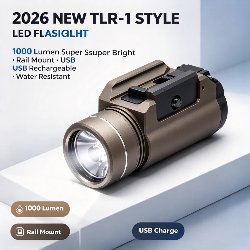 2026 New Rail Mount LED Flashlight TLR-1 Style 1000Lm Super Bright USB Charging Waterproof Torch for Camping Outdoor Use