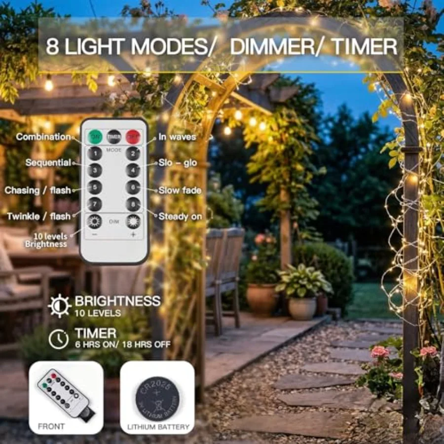 66Feet 200 LED Outdoor String Lights, Fairy Lights Battery Operated with Remote, Twinkle Lights Battery Operated for Bedroom, D view 2