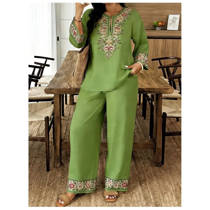 Fashion Retro Printed Long-sleeved O Neck Shirt And Trousers Women's Suit Autum Loose Simple Ethnic Female Trousers 2-piece Set