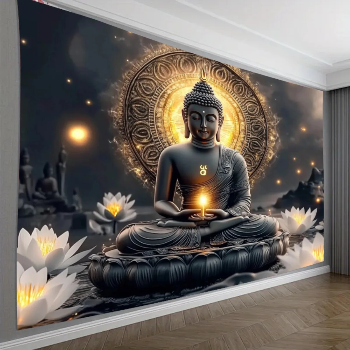 Tapisserie murale 2D plate, Bouddha en méditation, lotus, halo doré, spirituelle, zen, décoration de salle de yoga, art mural de pleine conscience, sanctuarium paisible