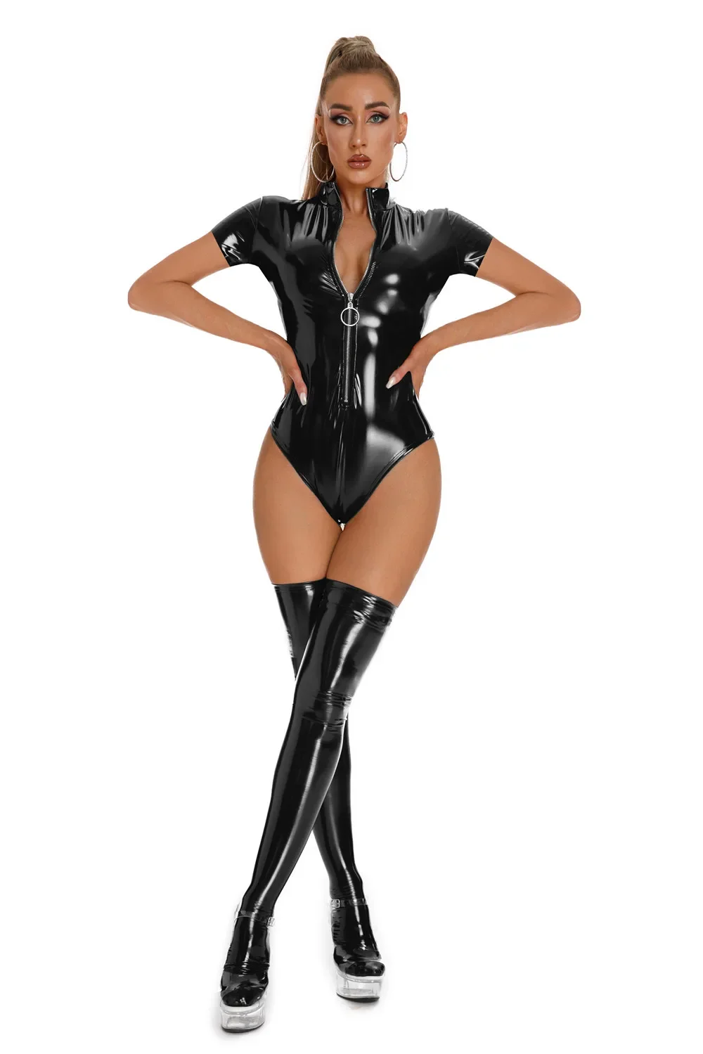 Sexy Hot Women Lingerie Faux Leather Bodysuit Slim Glossy PVC Latex Catsuit Front Zipper Jumpsuits Stretch Erotic Costumes